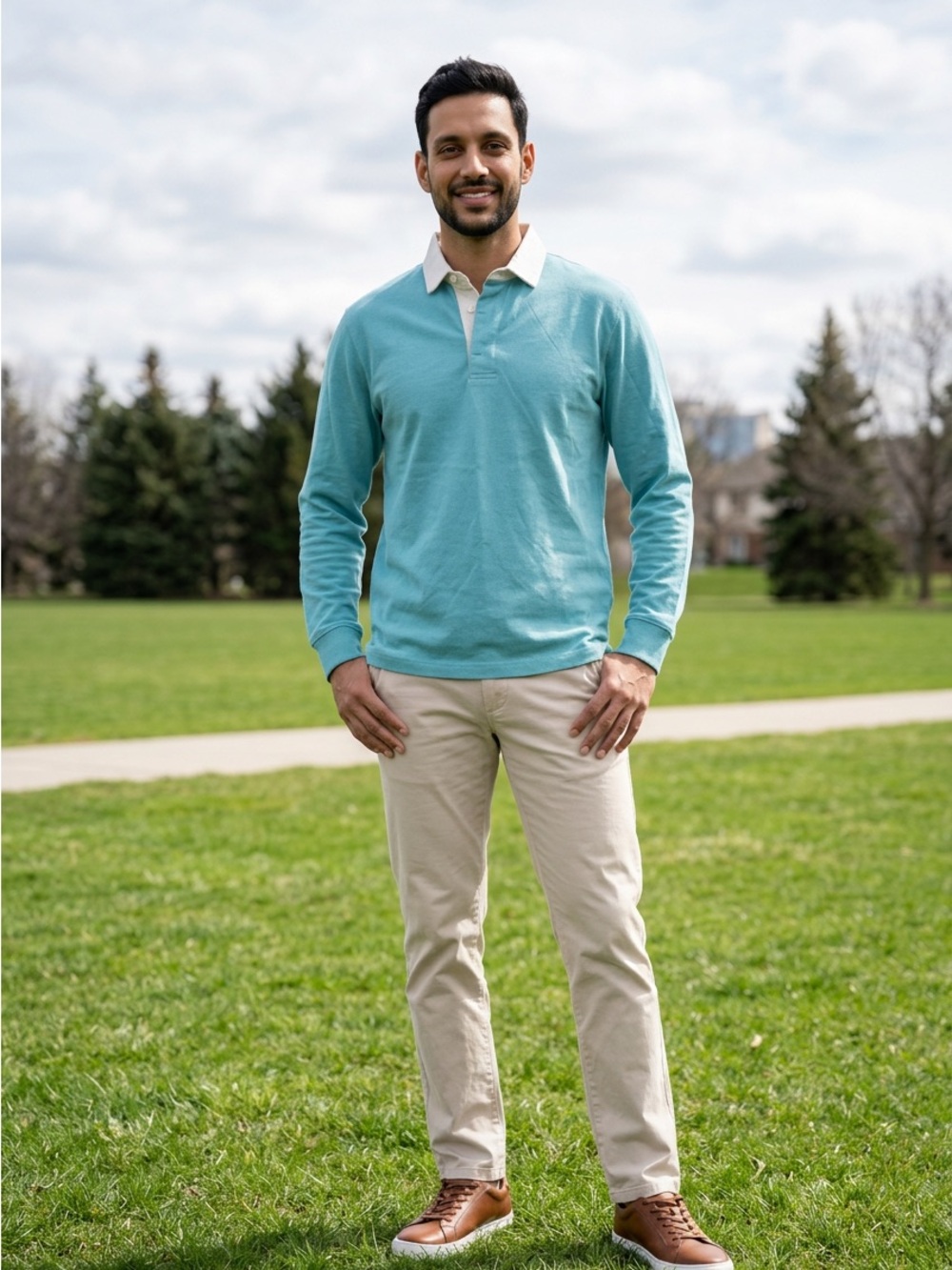 Vineyard Vines Long Sleeve Mens Medium Aqua Blue Polo Shirt White Collar